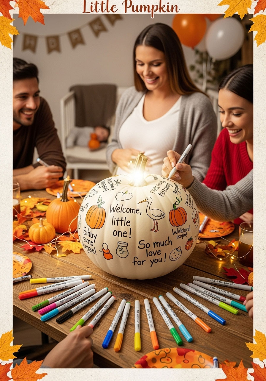 White pumpkin used as a guest book alternative at a little pumpkin baby shower.