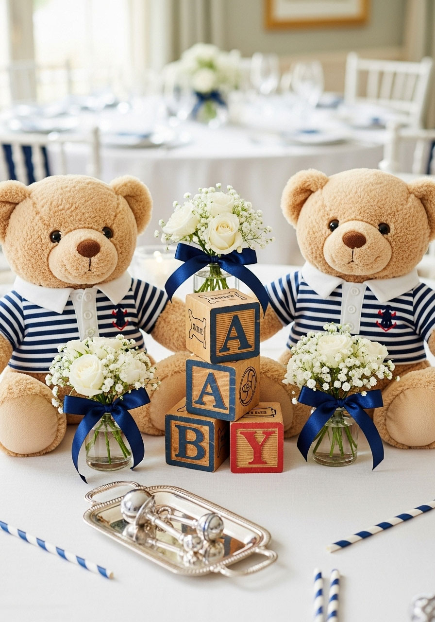 Adorable baby shower table centerpiece featuring large teddy bears in polo shirts with vintage wooden alphabet blocks