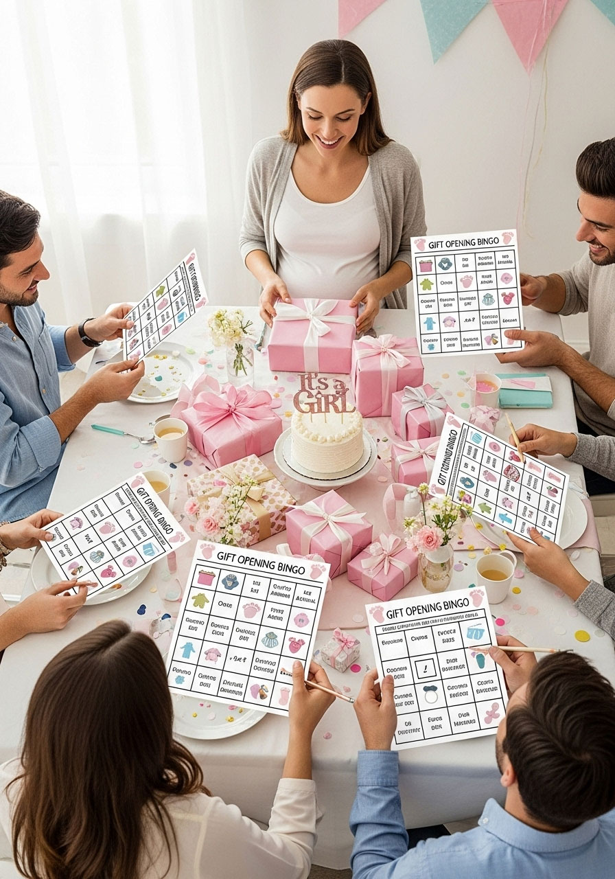Bingo cards with gift squares for guests during gift opening at a baby girl shower.
