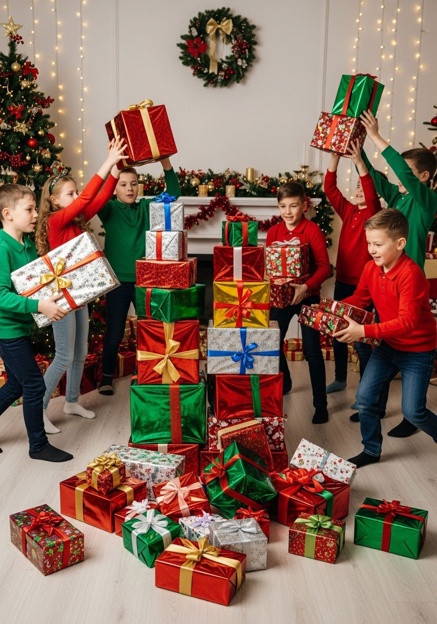 Kids playing gift stacking relay race at Christmas party with wrapped boxes and teamwork