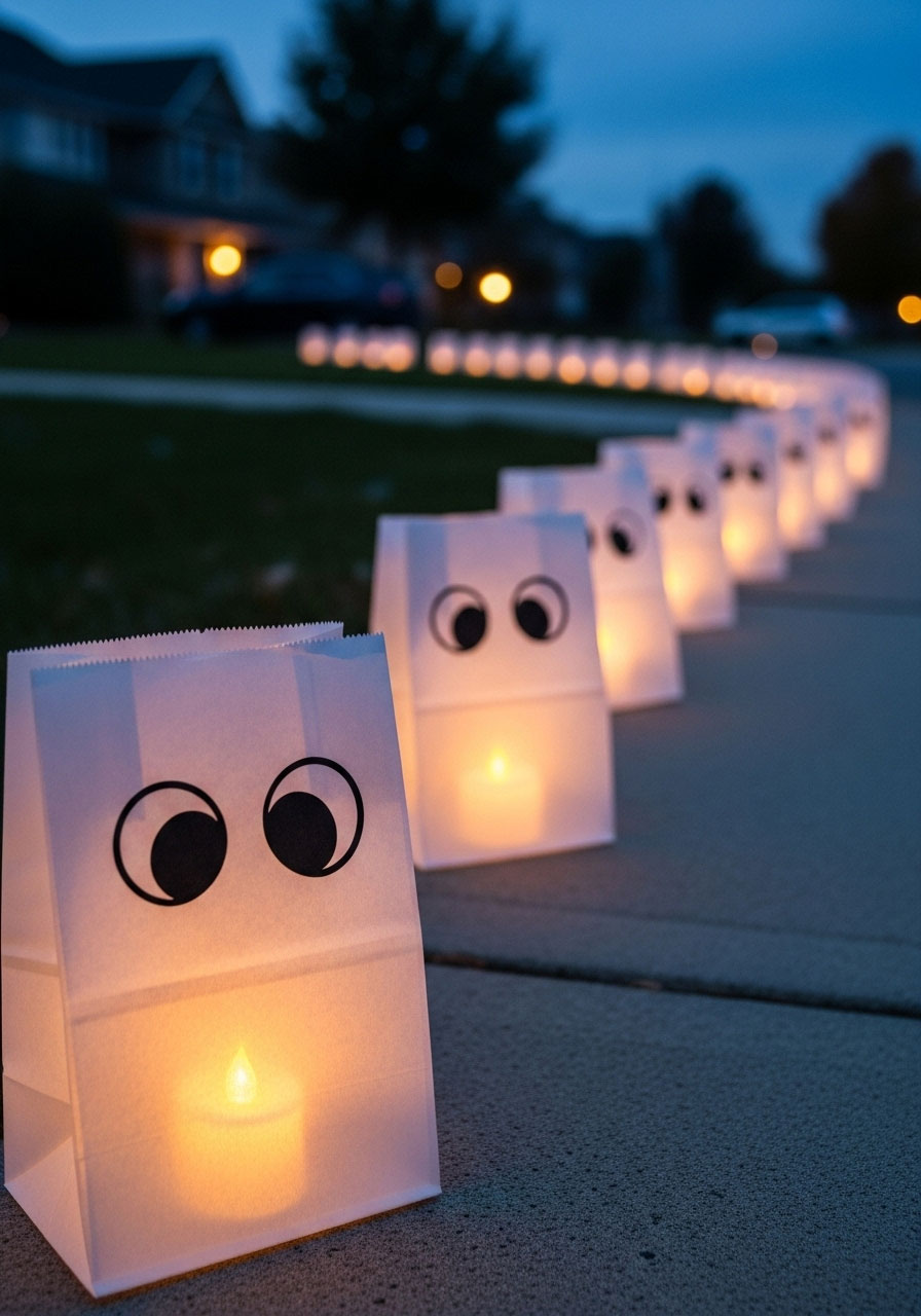 DIY glowing ghost luminaries made from white paper bags with LED lights lining walkway for Halloween decoration