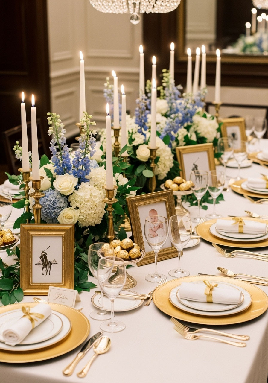 Elegant baby shower table setting with strategic gold accents including charger plates, brass candlesticks, and metallic ribbon details