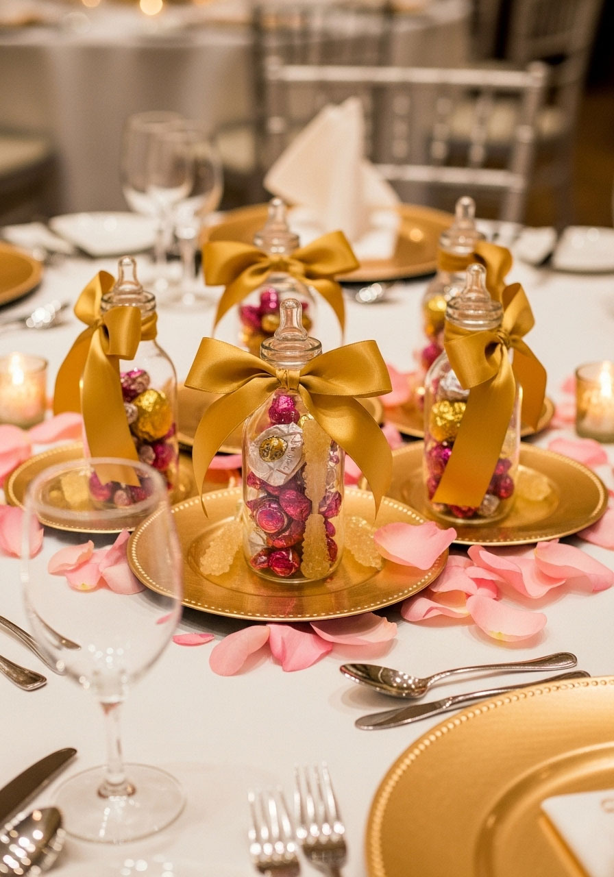 Gold baby bottle centerpiece filled with pink candies and rose petals on elegant baby shower table setting