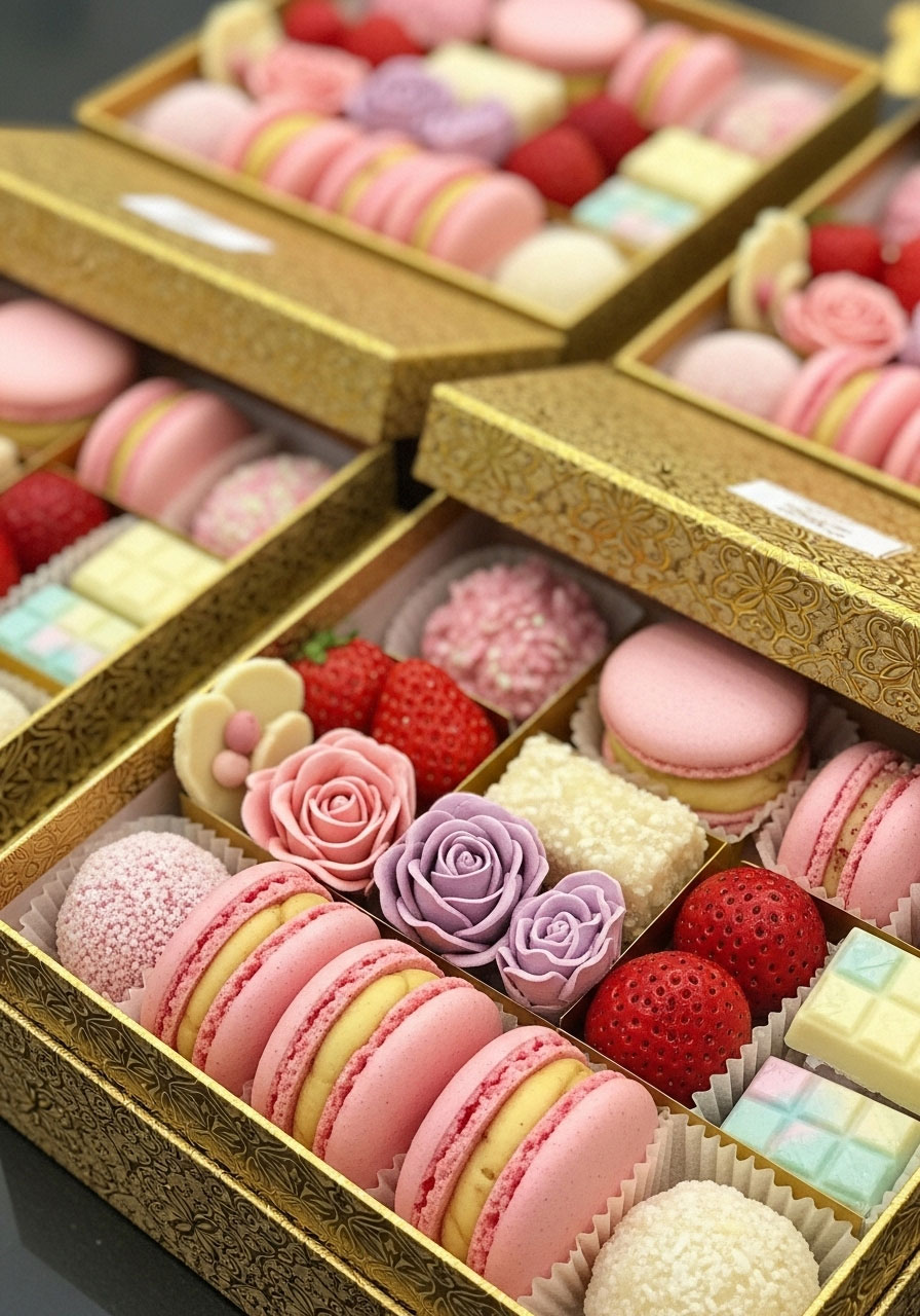 Gourmet pink macarons and strawberry chocolates in elegant gold gift boxes for baby shower party favors