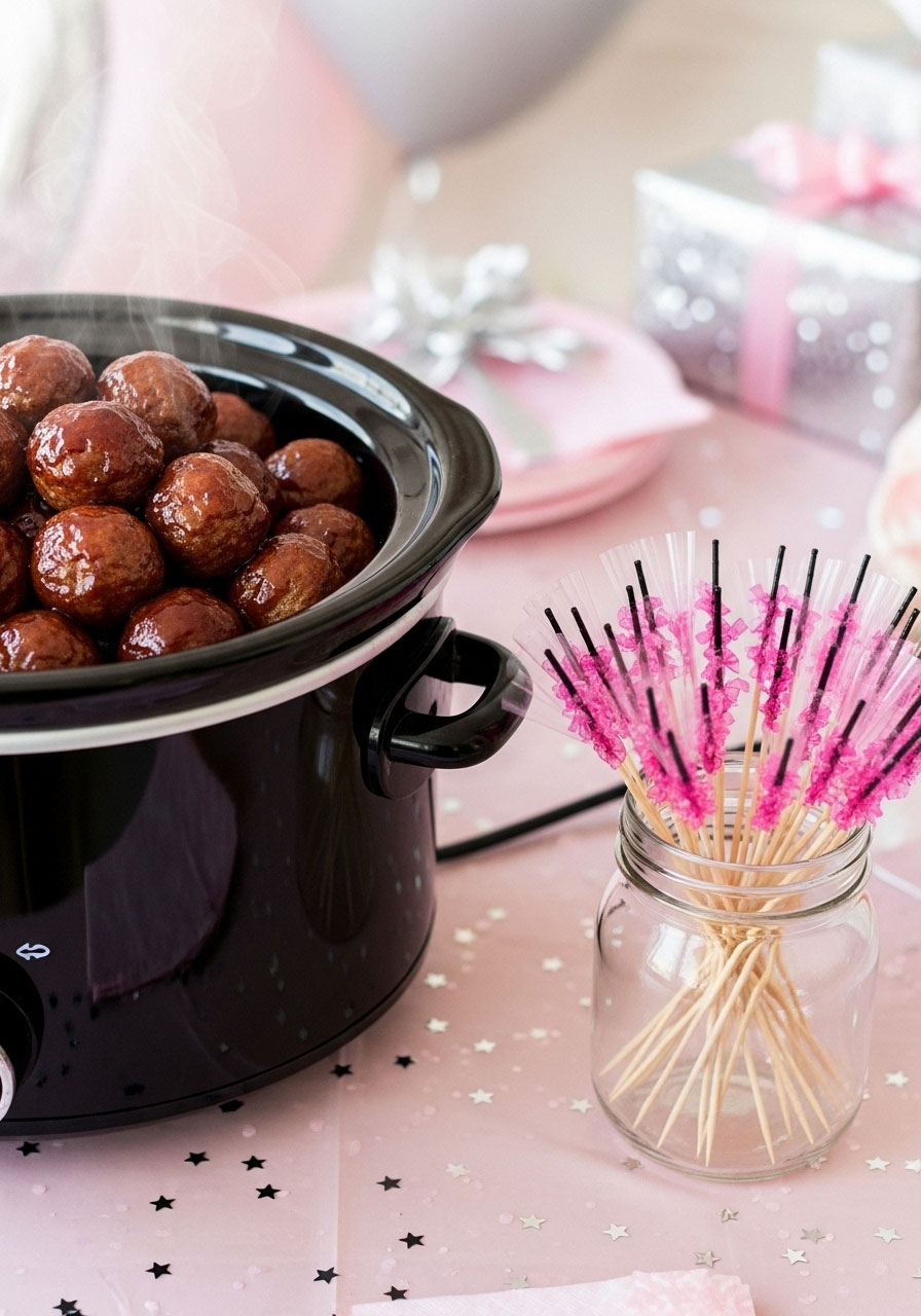 A slow cooker of grape jelly meatballs at a baby shower, with a cup of festive toothpicks with pink frills ready for guests.