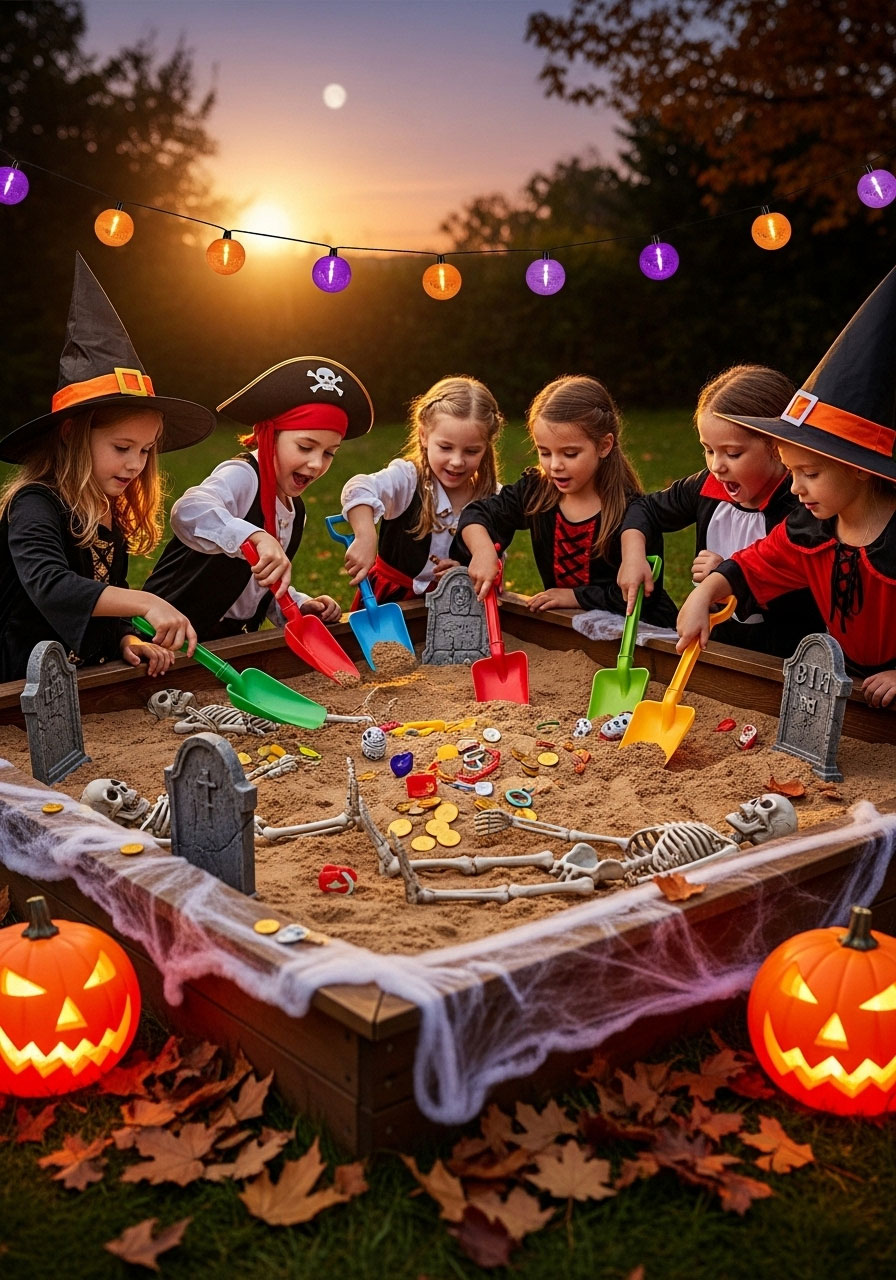 Halloween graveyard dig treasure hunt carnival game with kids using toy shovels to find buried Halloween treasures