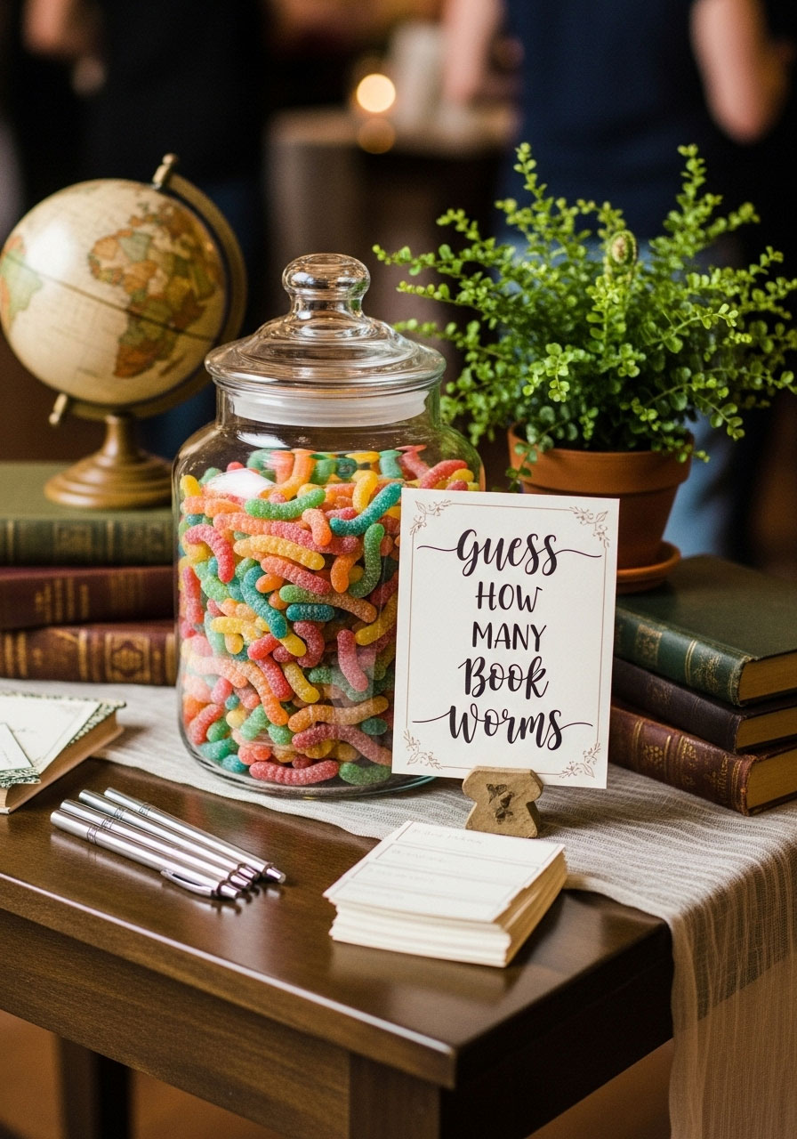 Guess how many book worms guessing game with gummy worms in clear jar, literary twist on classic baby shower guessing game