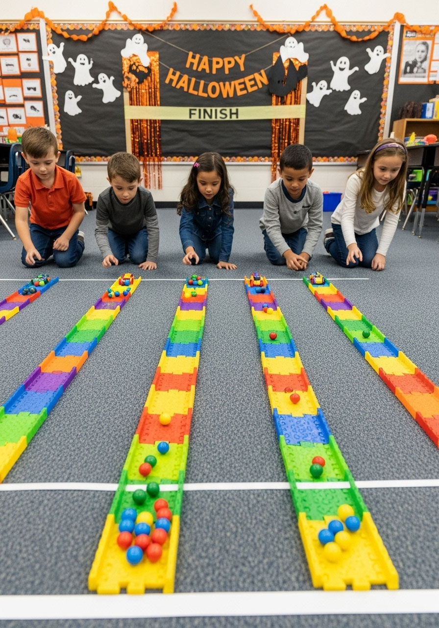 Children playing gumball derby race game on classroom floor with toy tracks and colorful gumballs for Halloween party fun
