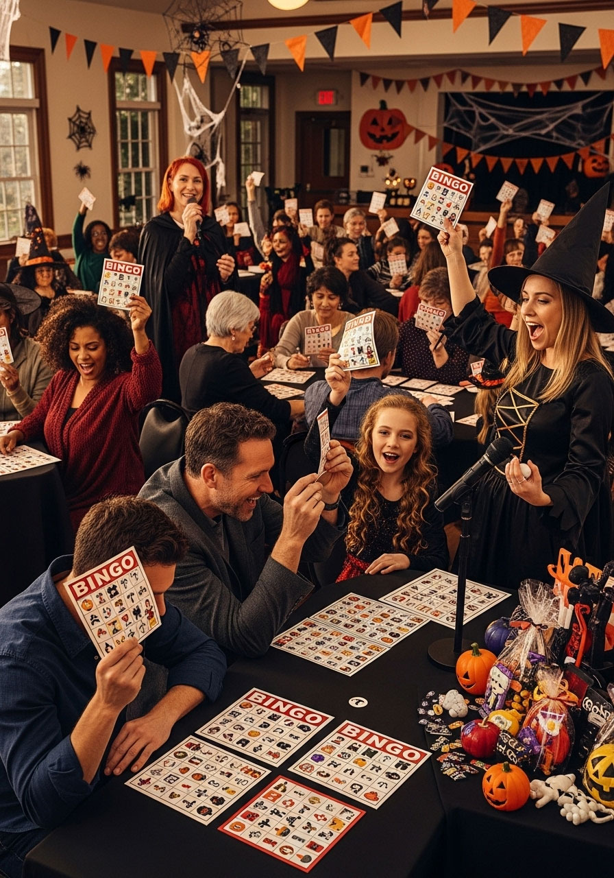 Halloween bingo bonanza carnival game with players marking spooky image cards and caller announcing Halloween items