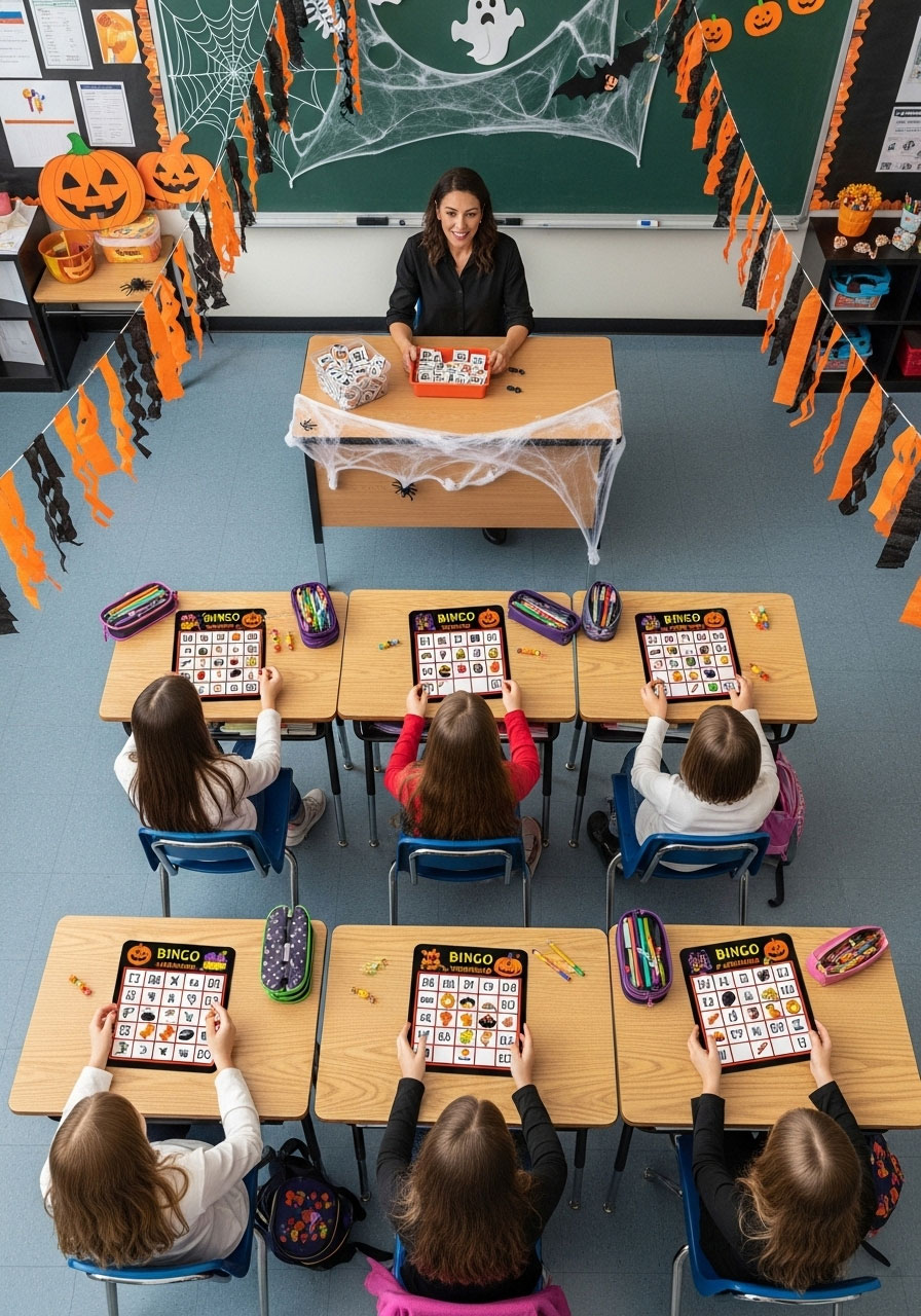 Students playing Halloween bingo at desks with themed bingo cards and candy markers during classroom Halloween party