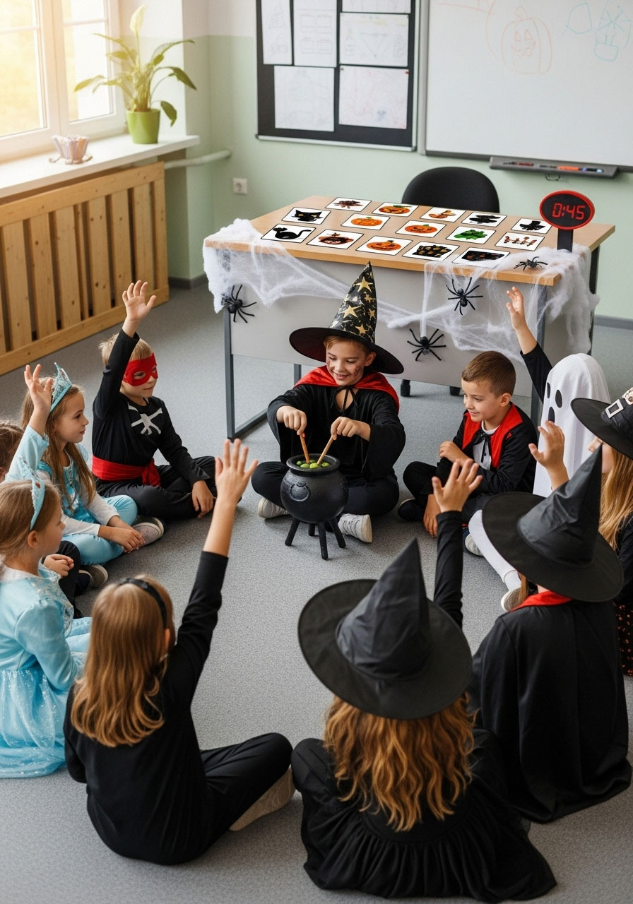 Student acting out Halloween charade while classmates guess during spooky charades game at classroom Halloween party