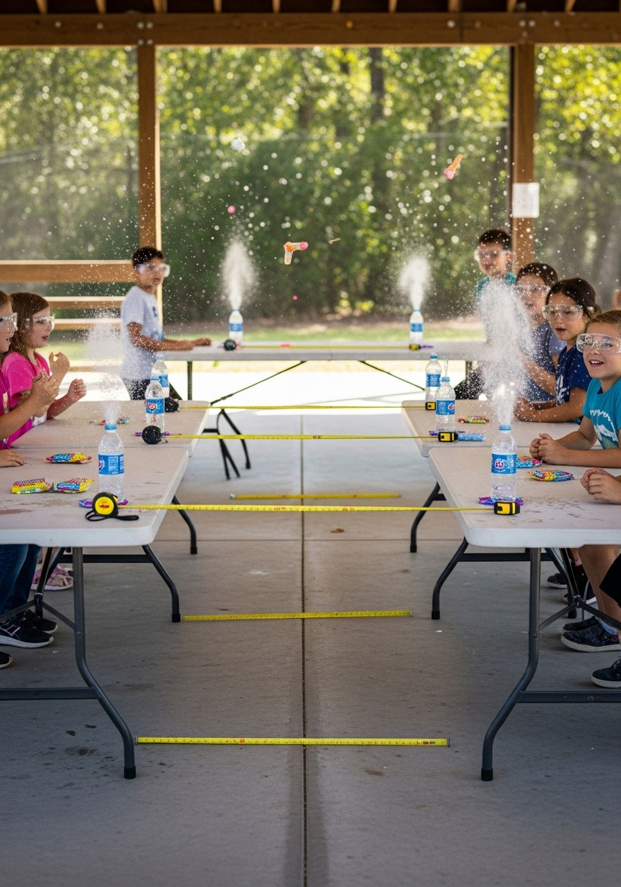 Children conducting safe exploding candy science experiment with soda bottles and popping candy for Halloween classroom activity