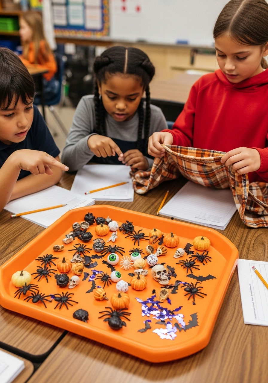 Students studying Halloween memory tray filled with spooky items before writing down what they remember in classroom game