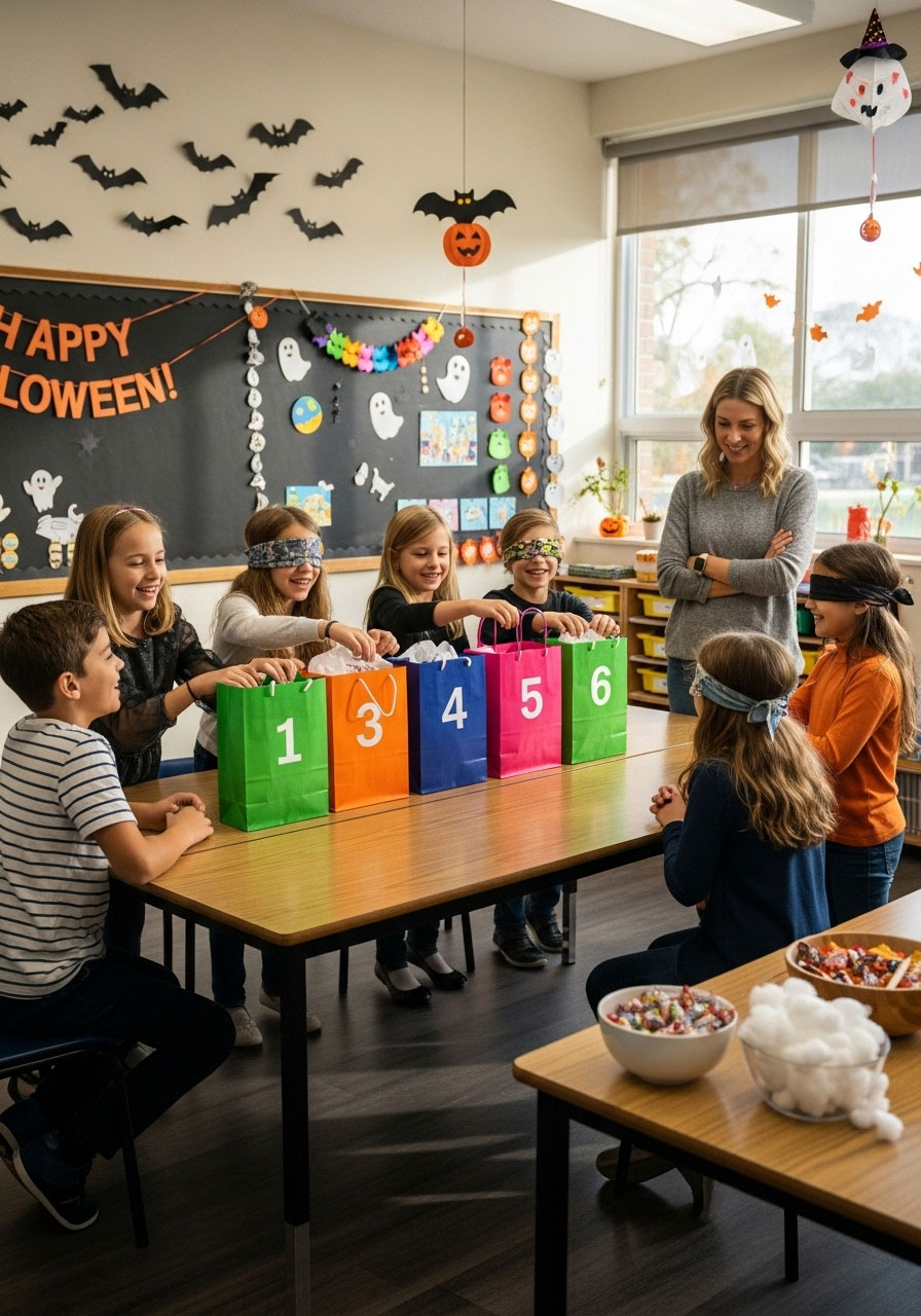 Kids playing Halloween mystery candy guessing game in classroom with numbered bags and Dollar Tree supplies for party activities