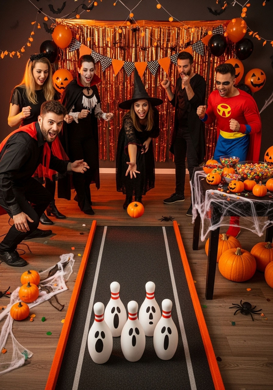 Kids and adults playing Halloween pumpkin bowling carnival game with ghost-decorated milk jug pins and foam pumpkin balls at indoor party