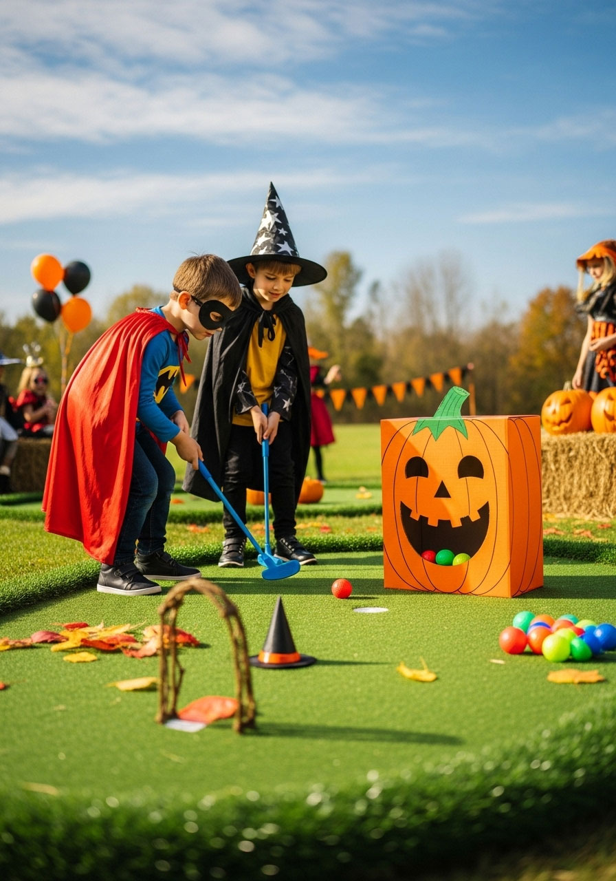 DIY Halloween pumpkin golf game with cardboard setup for fun kids putting challenge