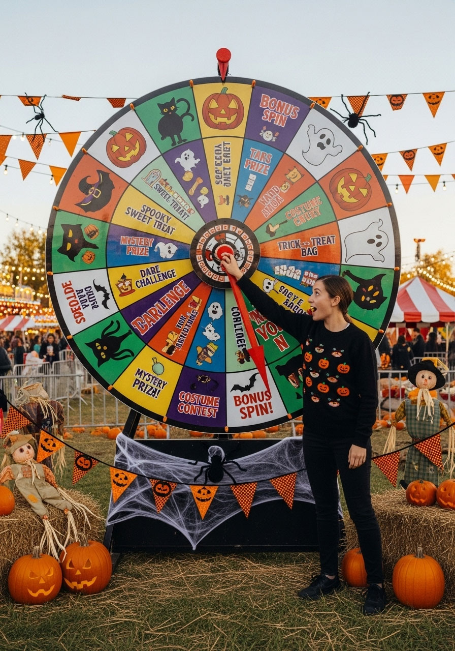 Halloween spin to win carnival game featuring large decorated prize wheel with spooky challenges and treats
