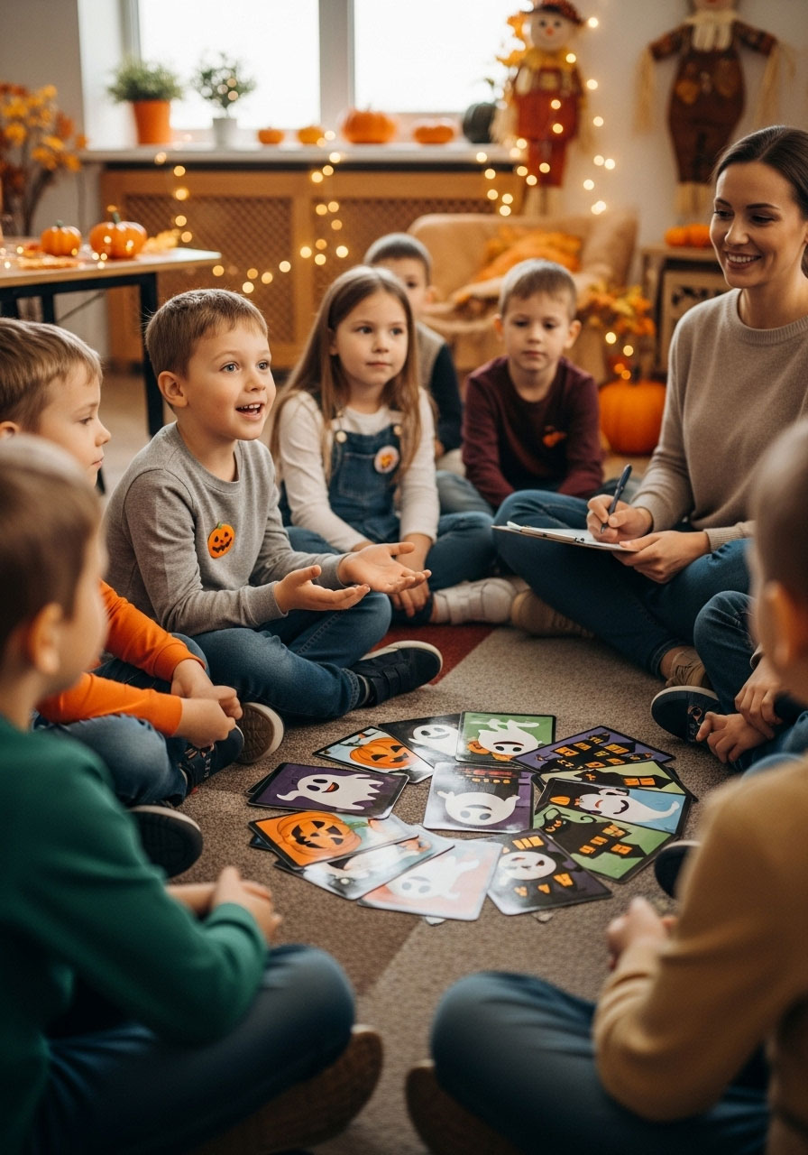 Students sitting in circle creating collaborative Halloween story together during classroom party storytelling chain game