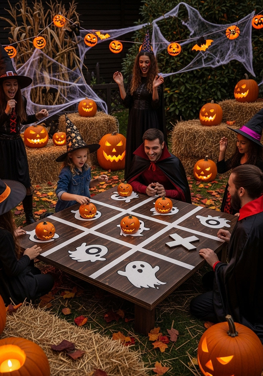 Halloween tic-tac-toe carnival game with oversized board using pumpkin and ghost markers for party entertainment