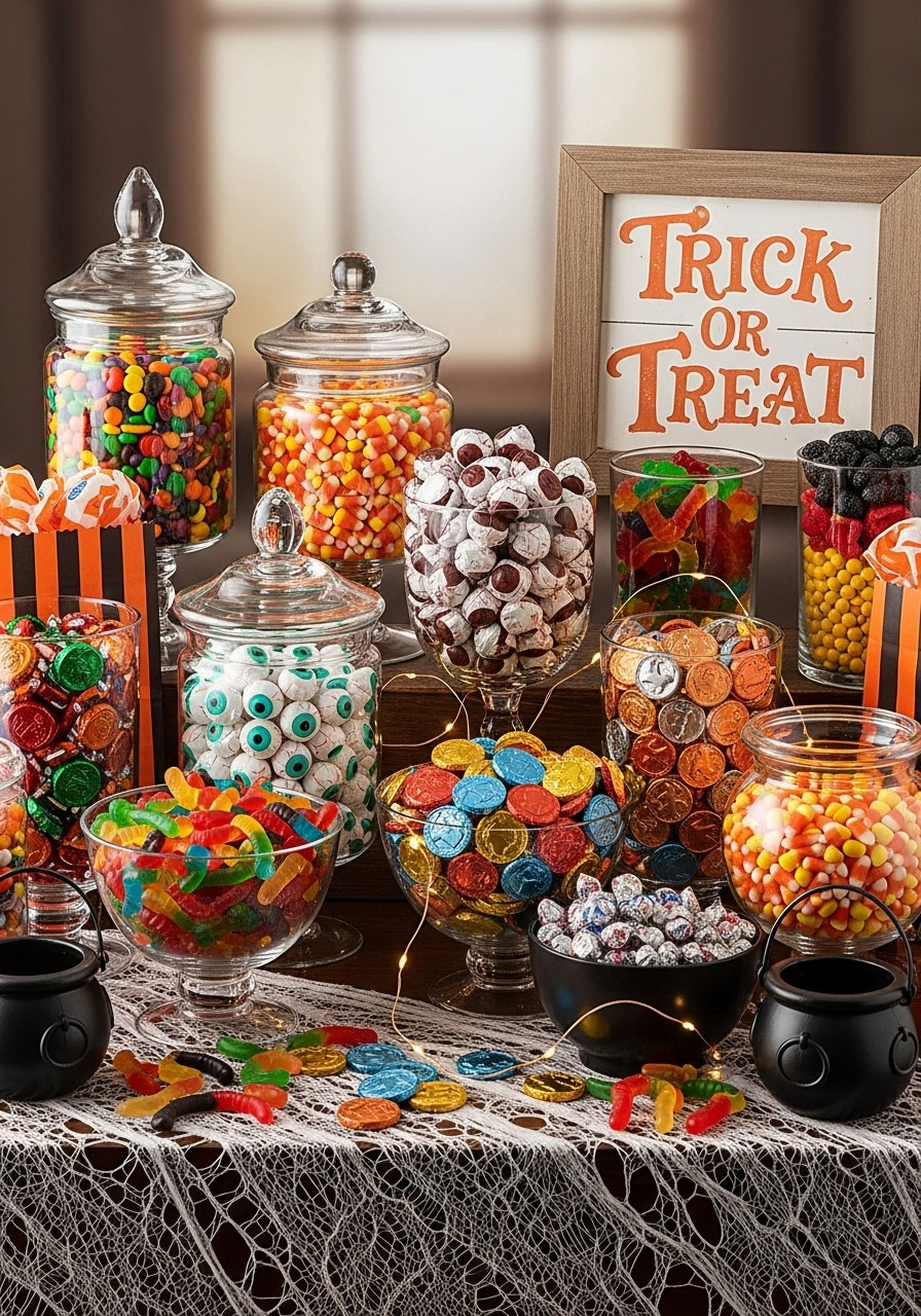 A festive trick-or-treat candy bar for adults, featuring glass jars filled with a variety of bulk candy for guests to create their own party favors.