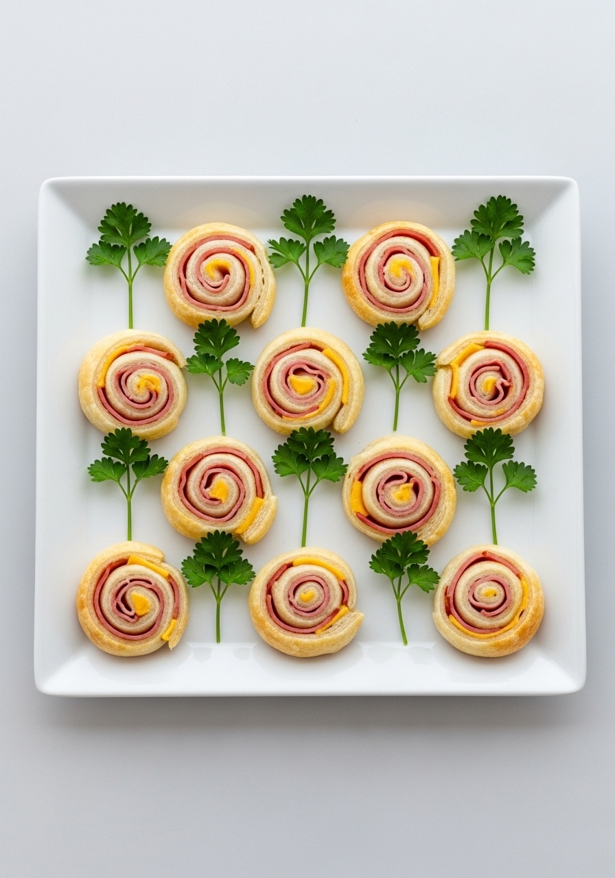 Ham and cheese pinwheels arranged in a playful checkerboard pattern on a square platter, garnished with fresh parsley for a baby shower.