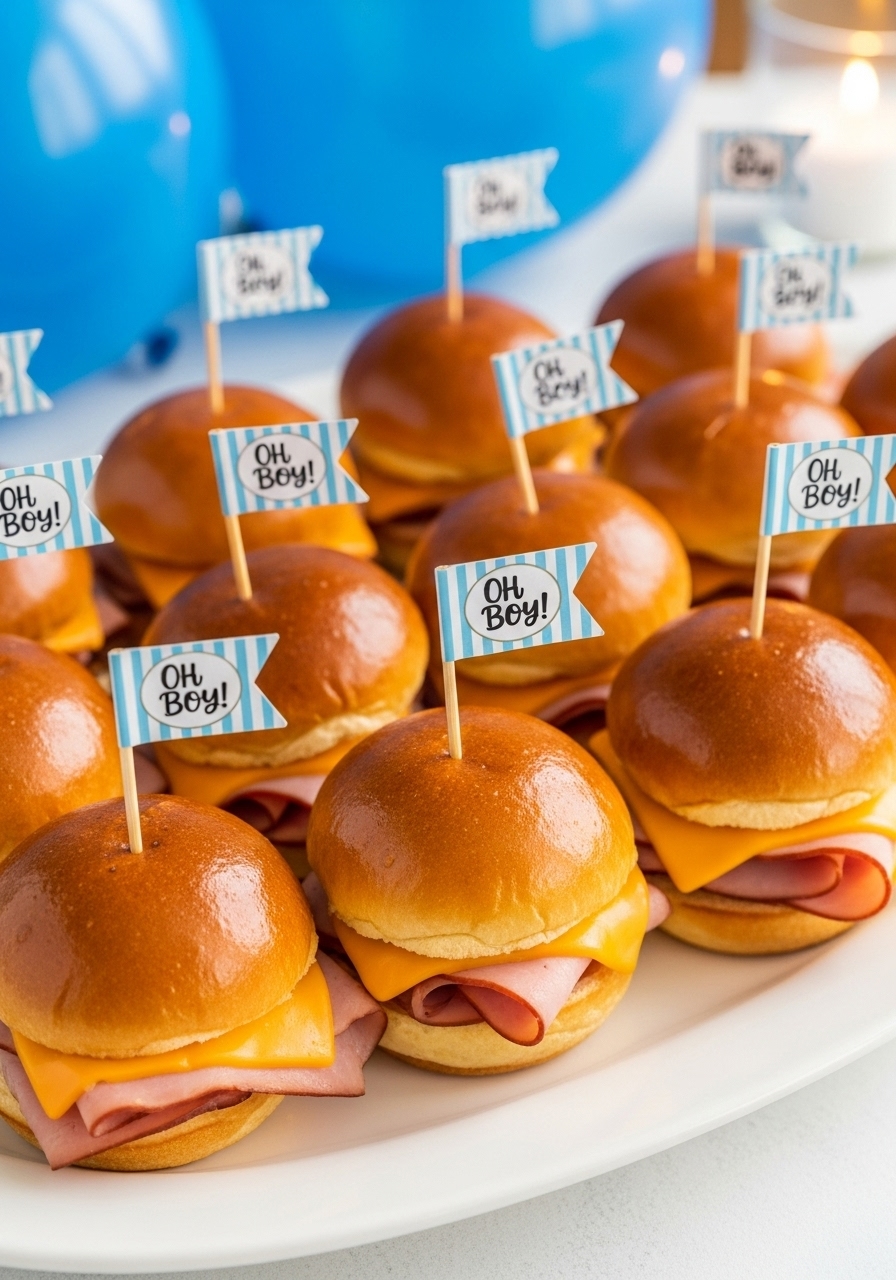 A platter of mini ham and cheese sliders, each decorated with a cute "Oh Boy!" toothpick flag for a baby boy shower.