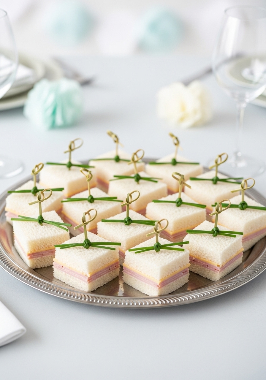 Elegant square ham and cheese tea sandwiches, each garnished with a single chive tied into a perfect little bow for a sophisticated baby shower.