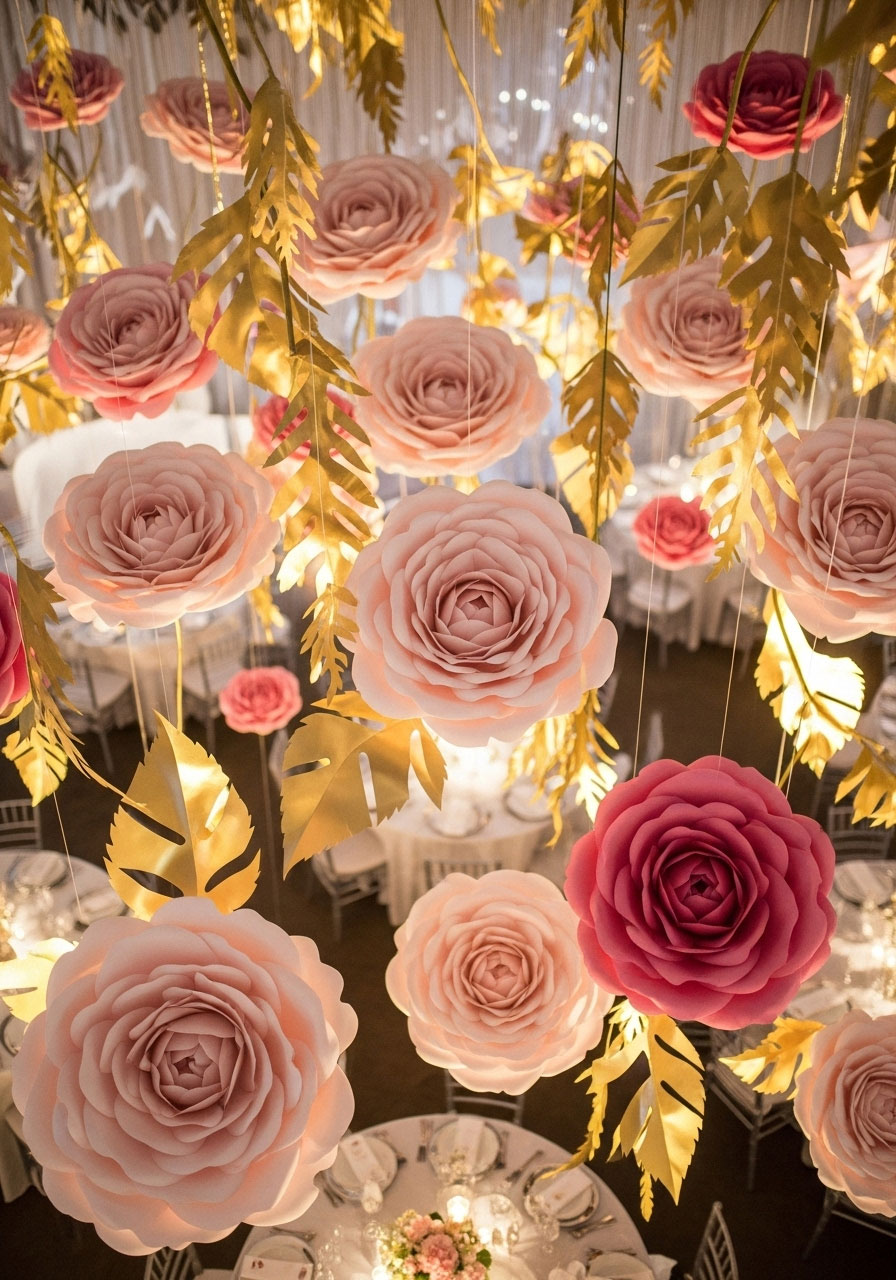 Pink paper roses with gold leaves hanging from ceiling creating enchanted garden baby shower decoration