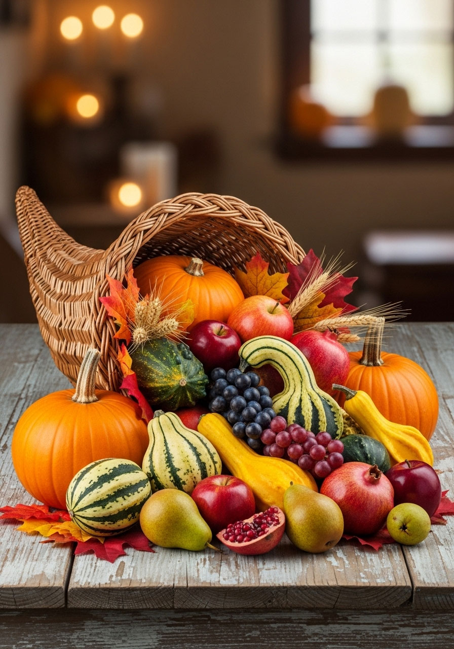 Harvest cornucopia centerpiece overflowing with pumpkins and gourds for fall party