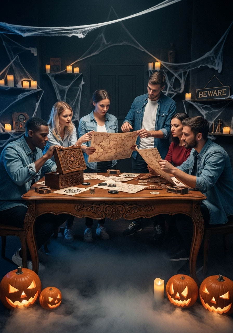 Halloween haunted house escape room carnival game with teams solving spooky puzzles and finding hidden clues