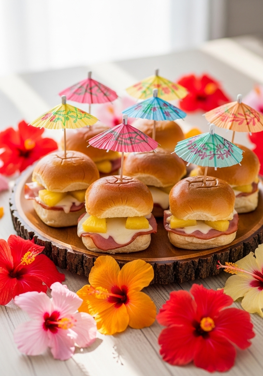 A fun platter of Hawaiian pizza sliders, each decorated with a colorful paper umbrella to fit an "Aloha Baby" shower theme.