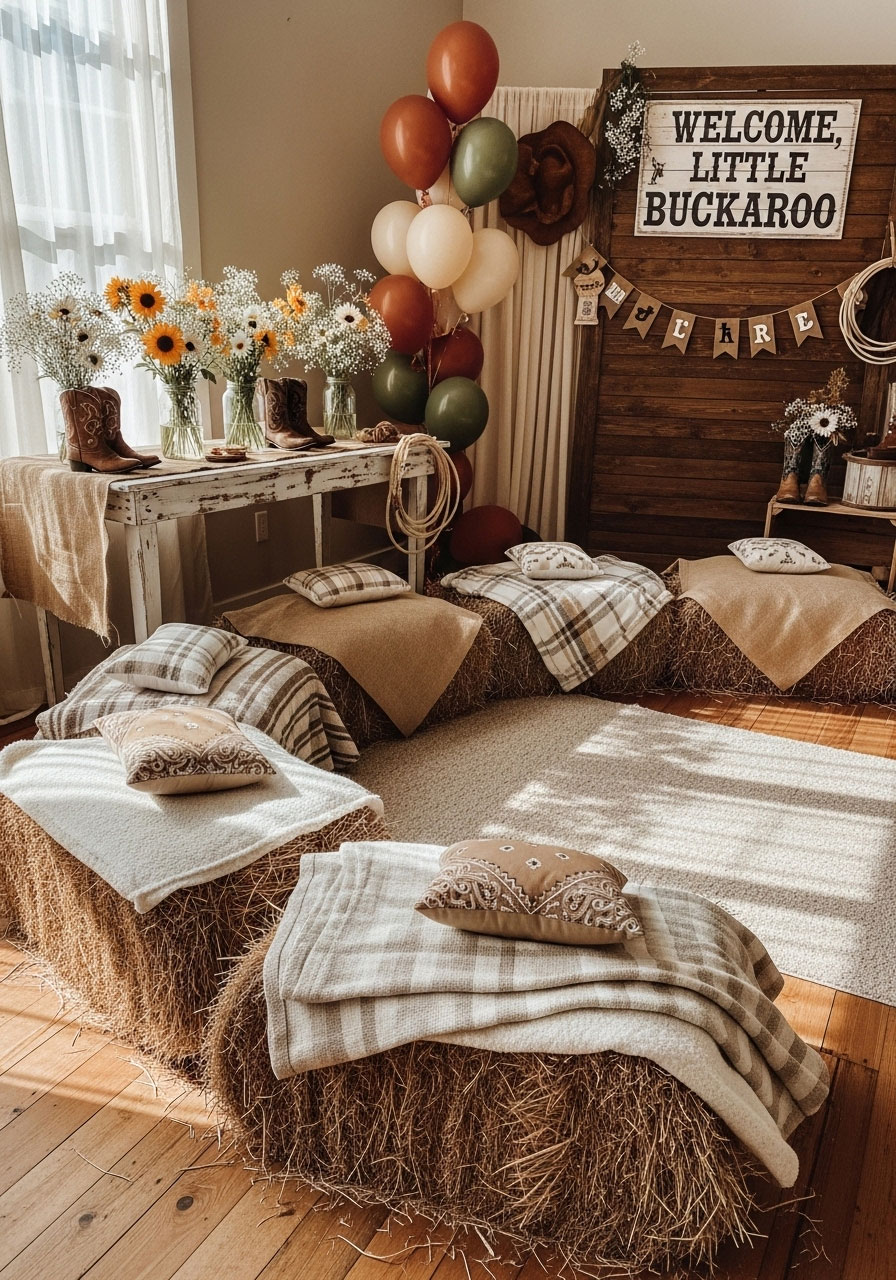 Hay bales covered with burlap fabric arranged as rustic seating for western themed baby shower party