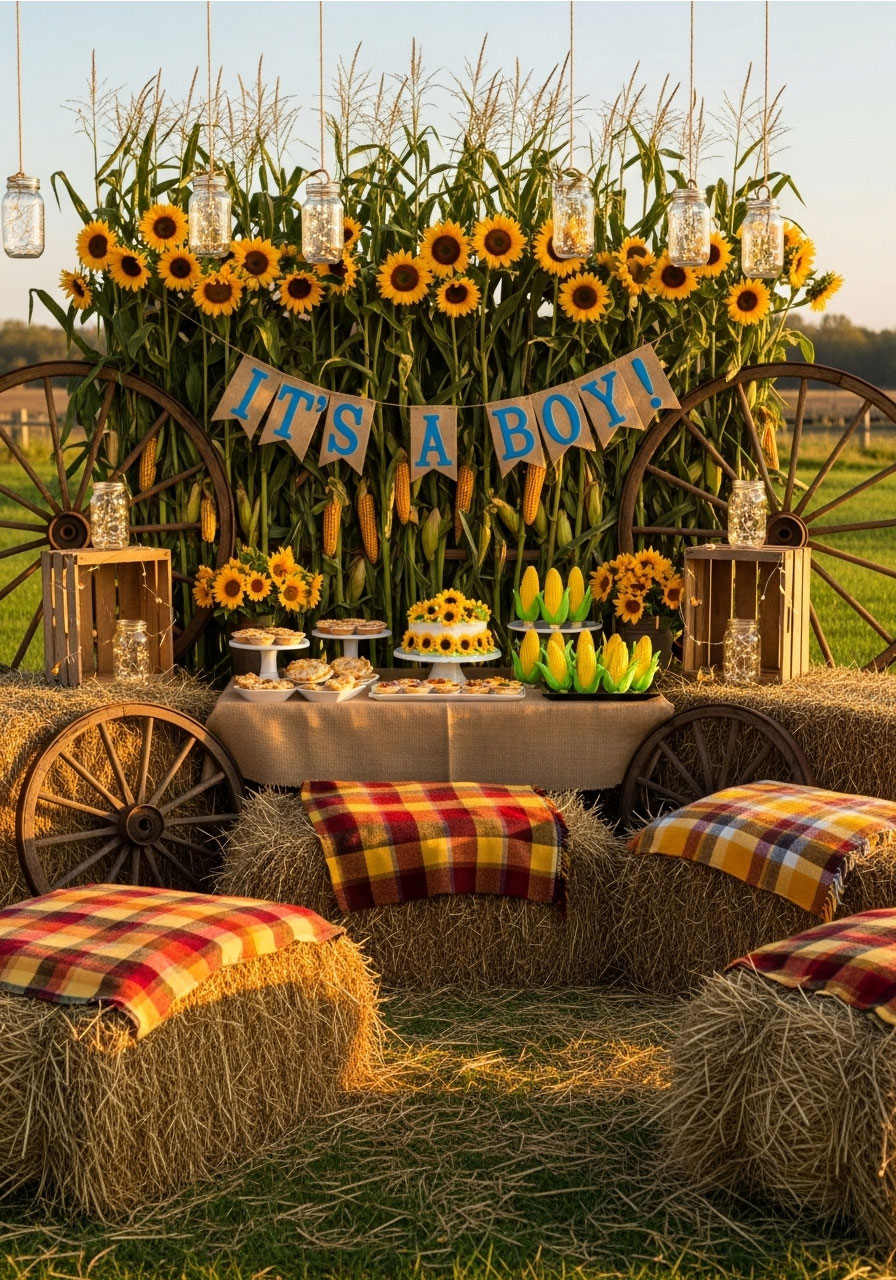 Hayride hues baby shower with hay bale seating, sunflowers, corn stalks, wagon wheels and authentic country harvest atmosphere