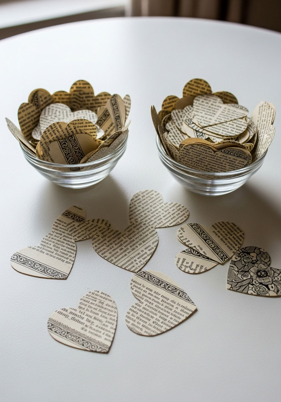 Heart-shaped confetti cut from vintage book pages scattered on tables, DIY literary decorations for book-themed baby shower