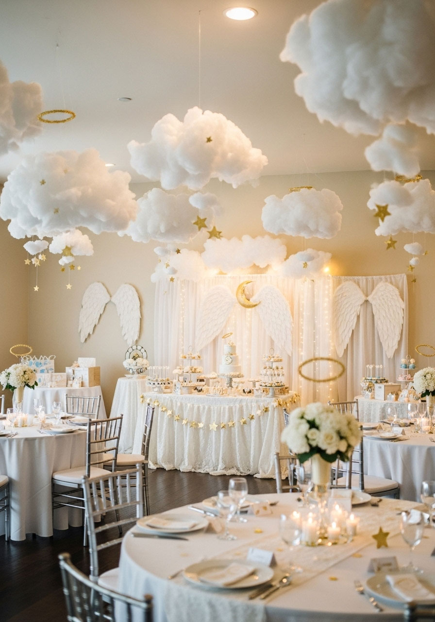 Serene heaven sent gender neutral baby shower with cloud decor, gold halos, and angel wings for celestial charm