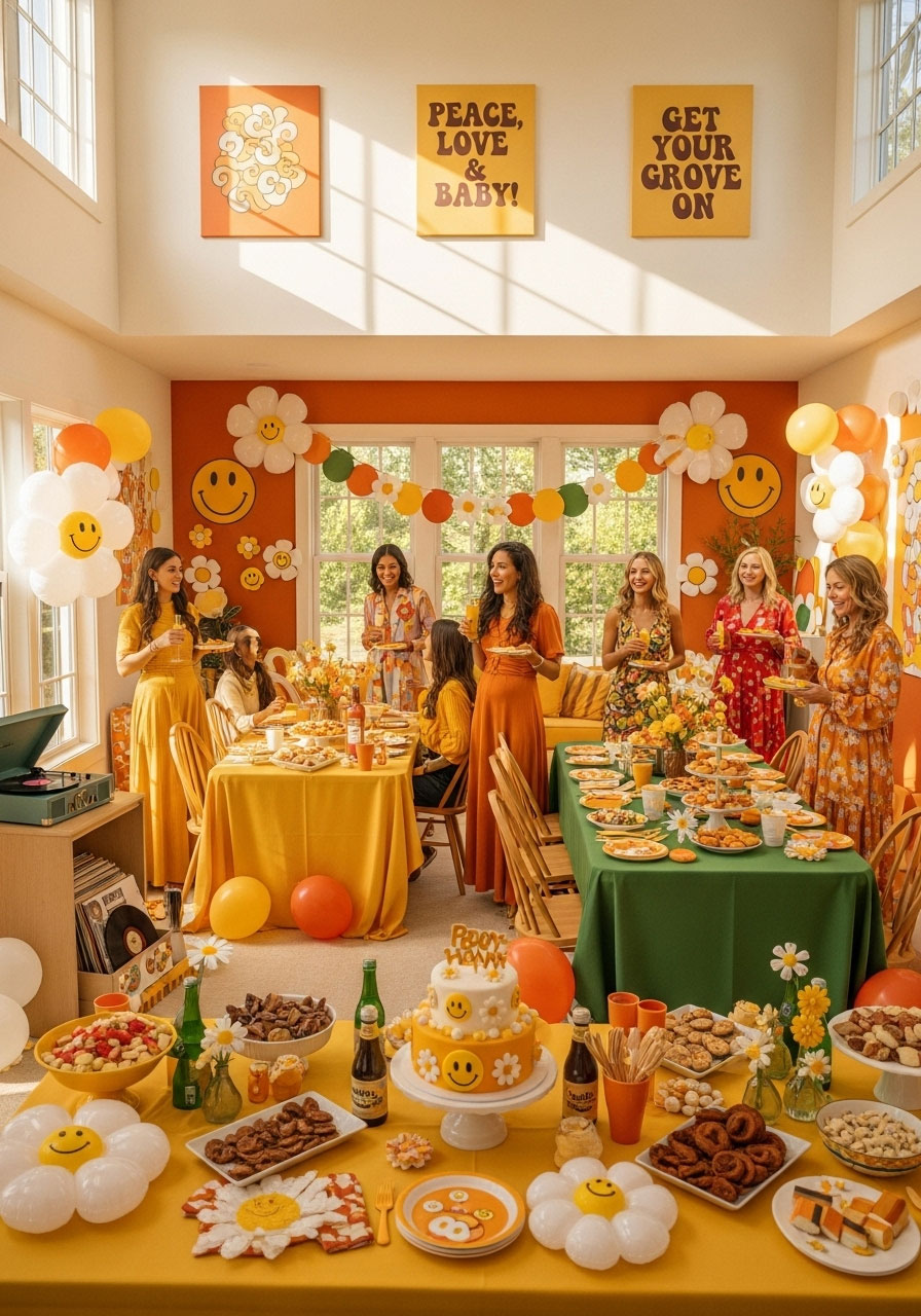 Funky hey baby 70s retro gender neutral shower with mustard orange greens, daisies, and smiley faces for peace love vibes