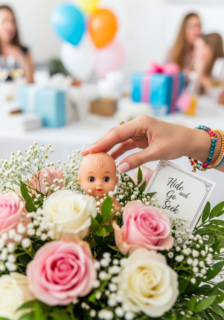 A tiny plastic baby hidden in a funny spot during a baby shower scavenger hunt game for guests to find.