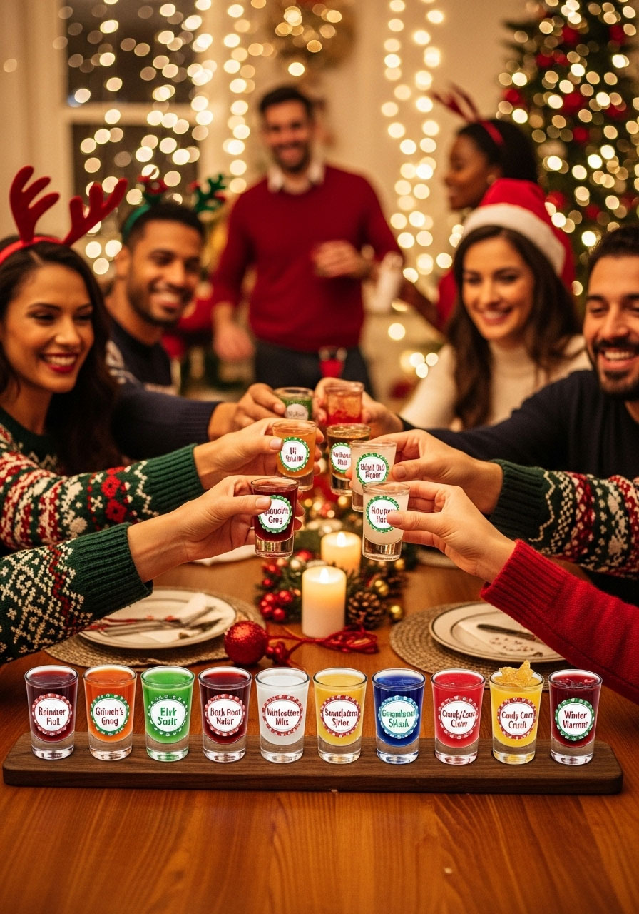 Adults toasting in hilarious 12 Days of Shots drinking game with festive liquors