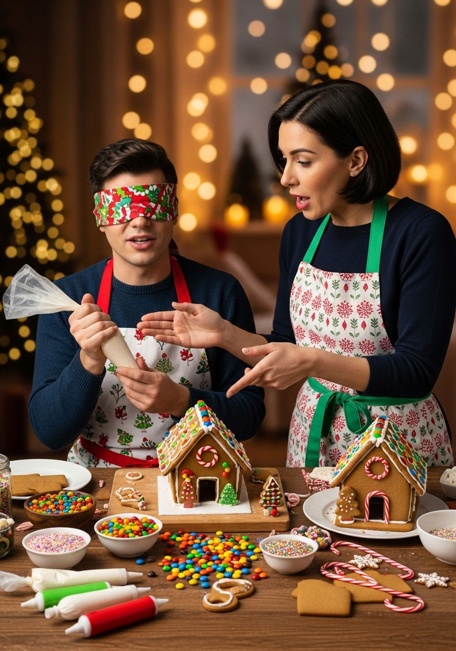 Adults decorating in hilarious Blind Gingerbread House game at Christmas party