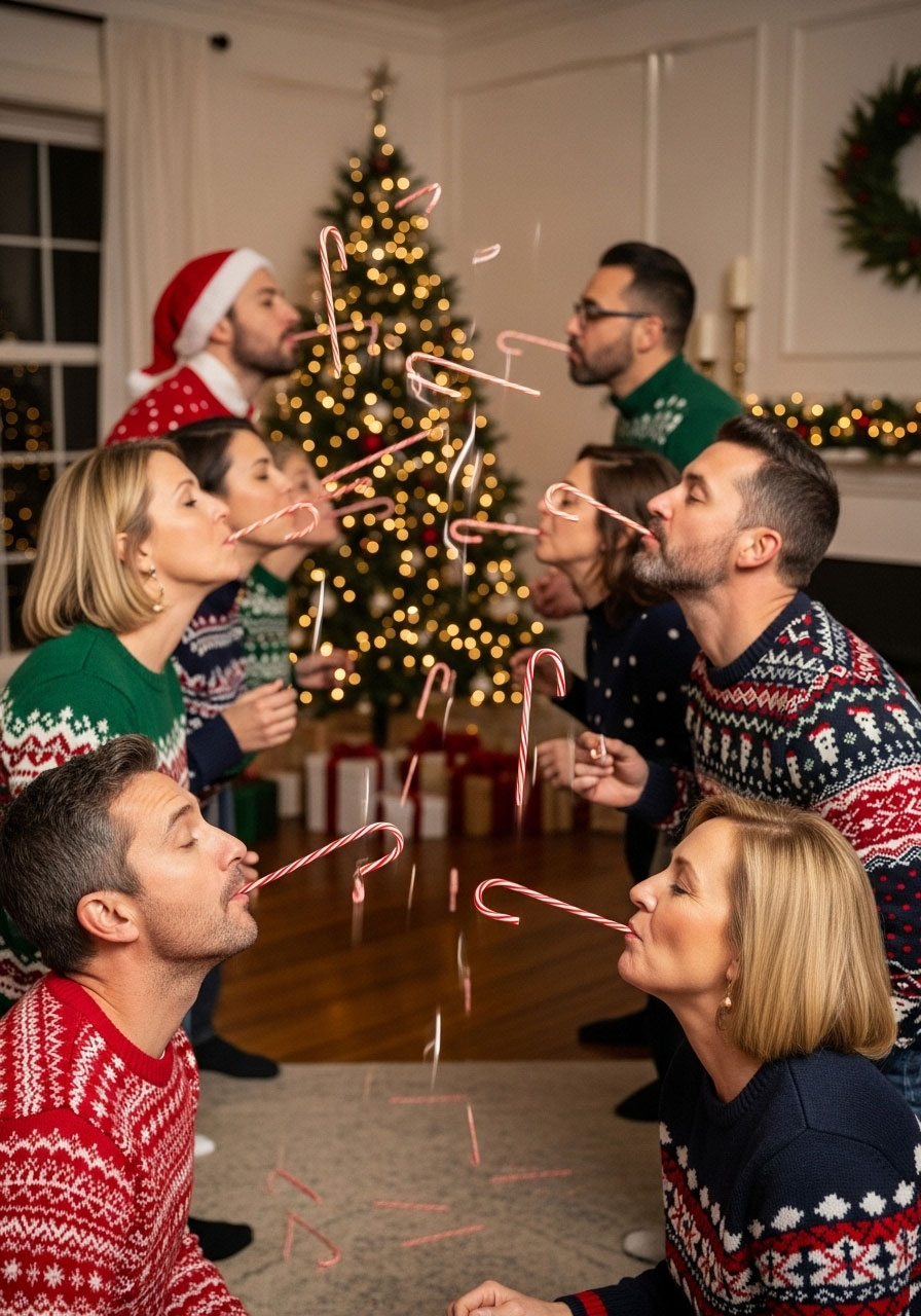 Adults racing in hilarious Candy Cane Relay game at Christmas party