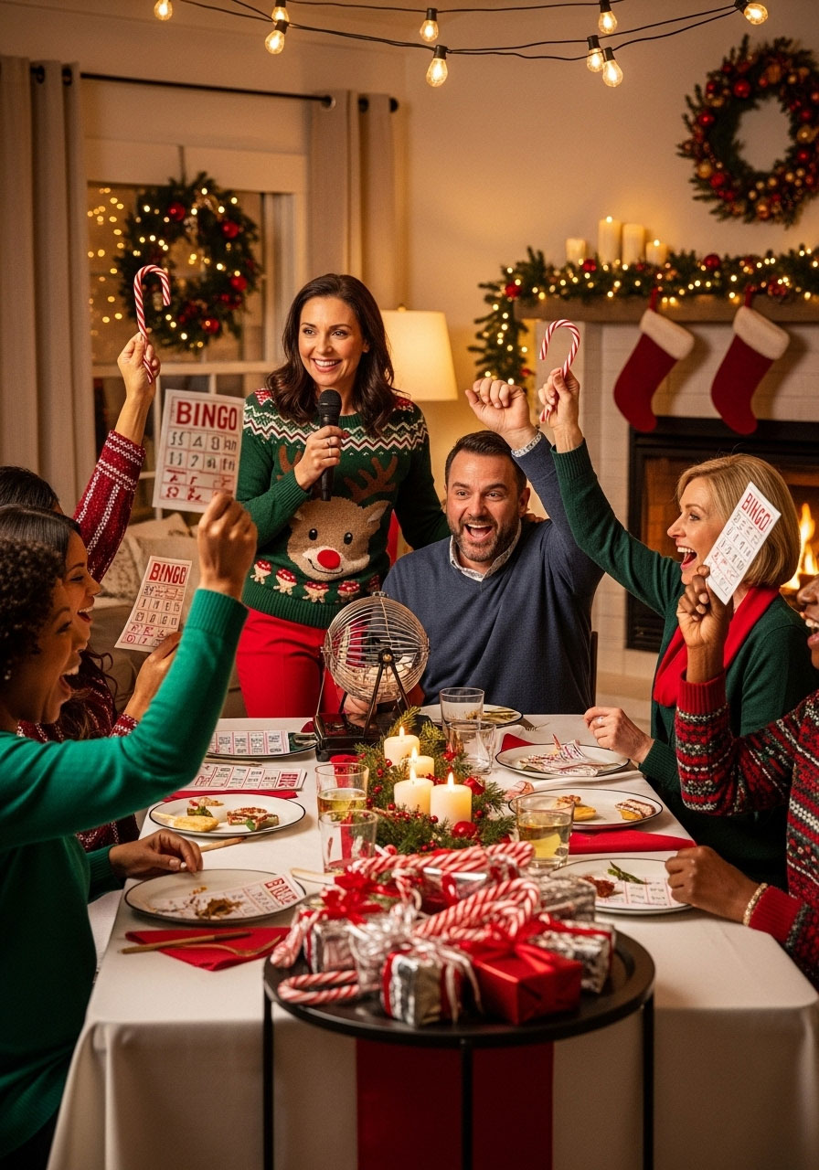 Adults playing hilarious Christmas Bingo game marking festive cards at holiday party