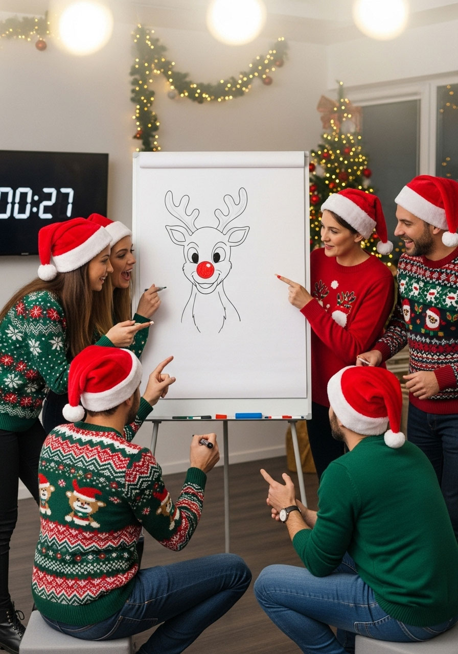Adults sketching in hilarious Christmas Carol Pictionary game at party