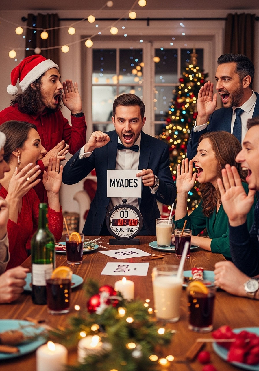 Adults sipping in hilarious Christmas Charades Drinking Game acting holiday themes