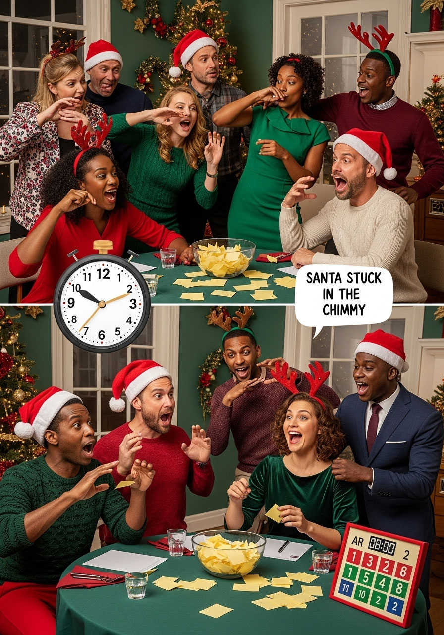 Adults playing hilarious Christmas charades game at holiday party with festive acting and guessing