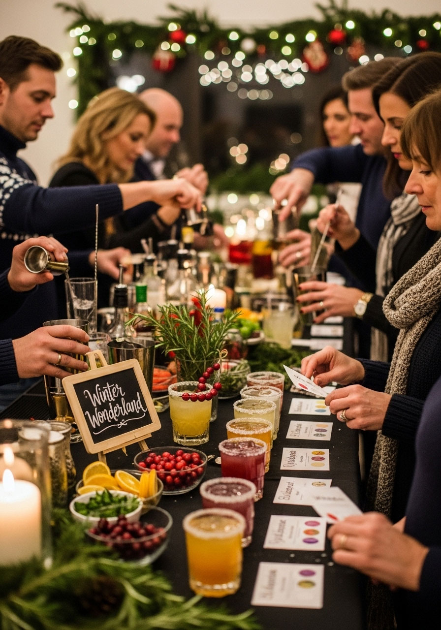 Adults crafting drinks in hilarious Christmas Cocktail Competition at holiday party