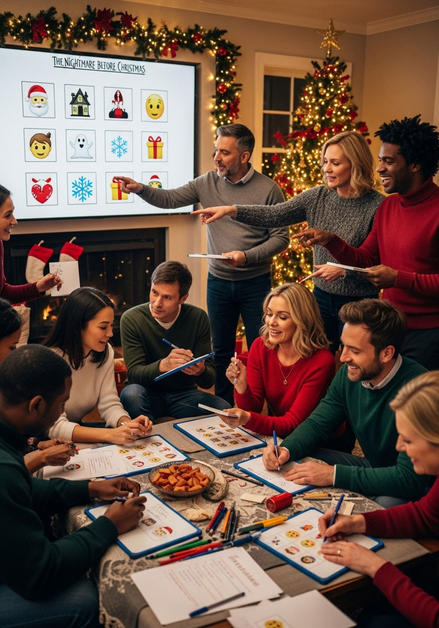 Adults decoding in hilarious Christmas Emoji Game guessing holiday movies