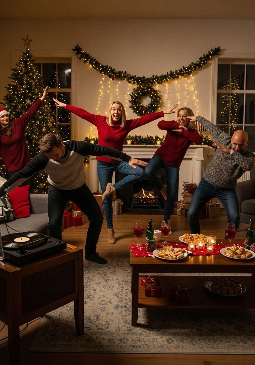 Adults dancing in hilarious Christmas Freeze Dance game at holiday party
