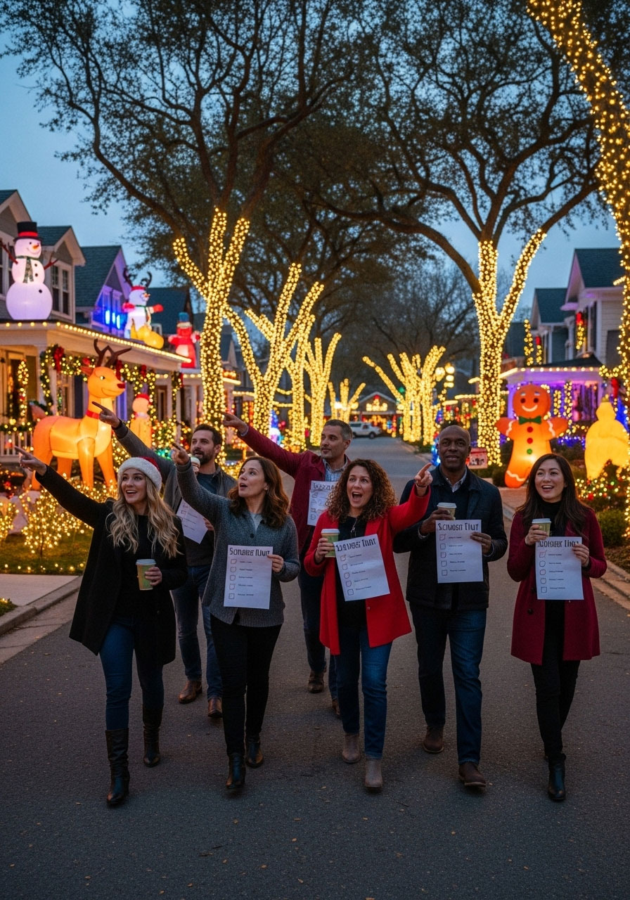 Adults sipping in hilarious Christmas Lights Drinking Game spotting holiday displays