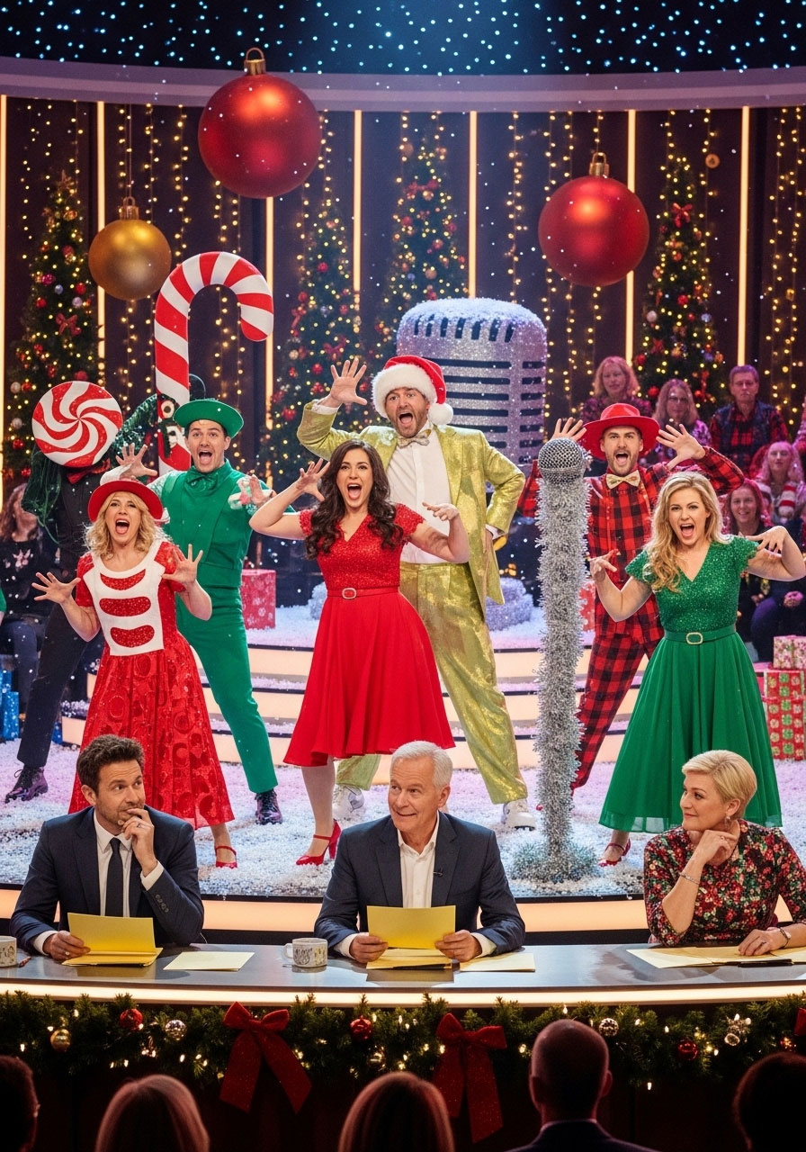 Adults performing in hilarious Christmas Lip Sync Battle at holiday party