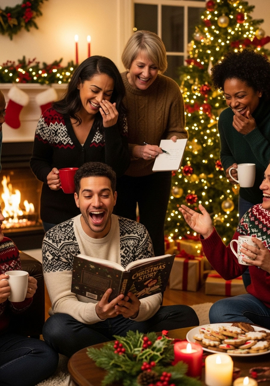 Adults creating funny stories in hilarious Christmas Mad Libs game at holiday party